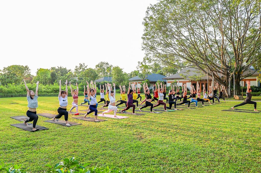 Grupo de mujeres haciendo yoga en el parque