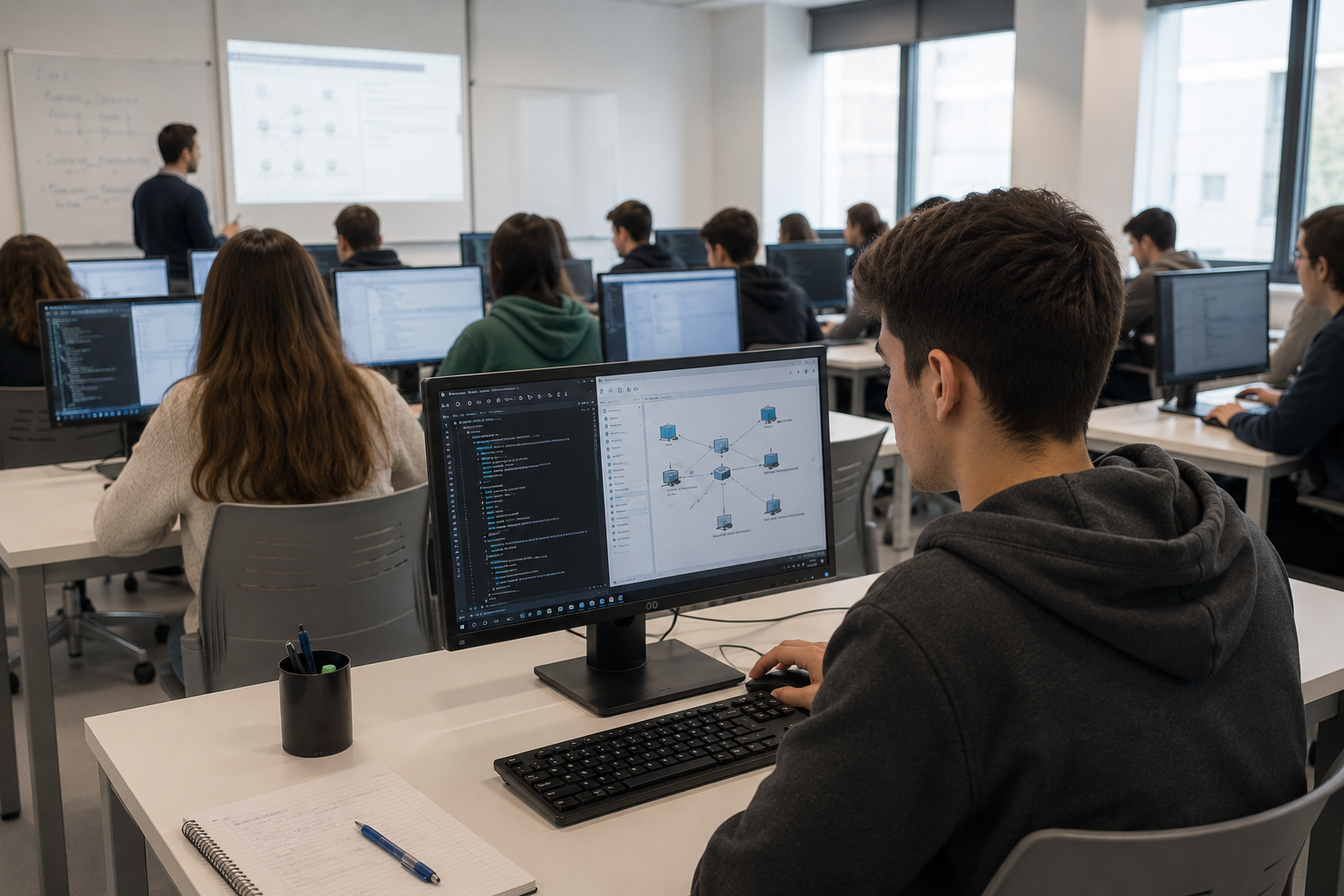 Estudiantes trabajando con equipos informáticos en un aula tecnológica, imagen representativa del Grado Superior de Administración de Sistemas Informáticos en Red a Distancia de la UFV.