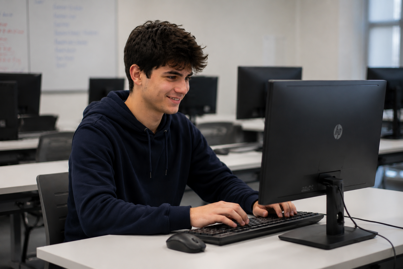 Estudiante trabajando en el desarrollo de software frente a un ordenador en un aula tecnológica, imagen representativa del Ciclo Formativo de Grado Superior en Desarrollo de Aplicaciones Multiplataforma de la UFV.