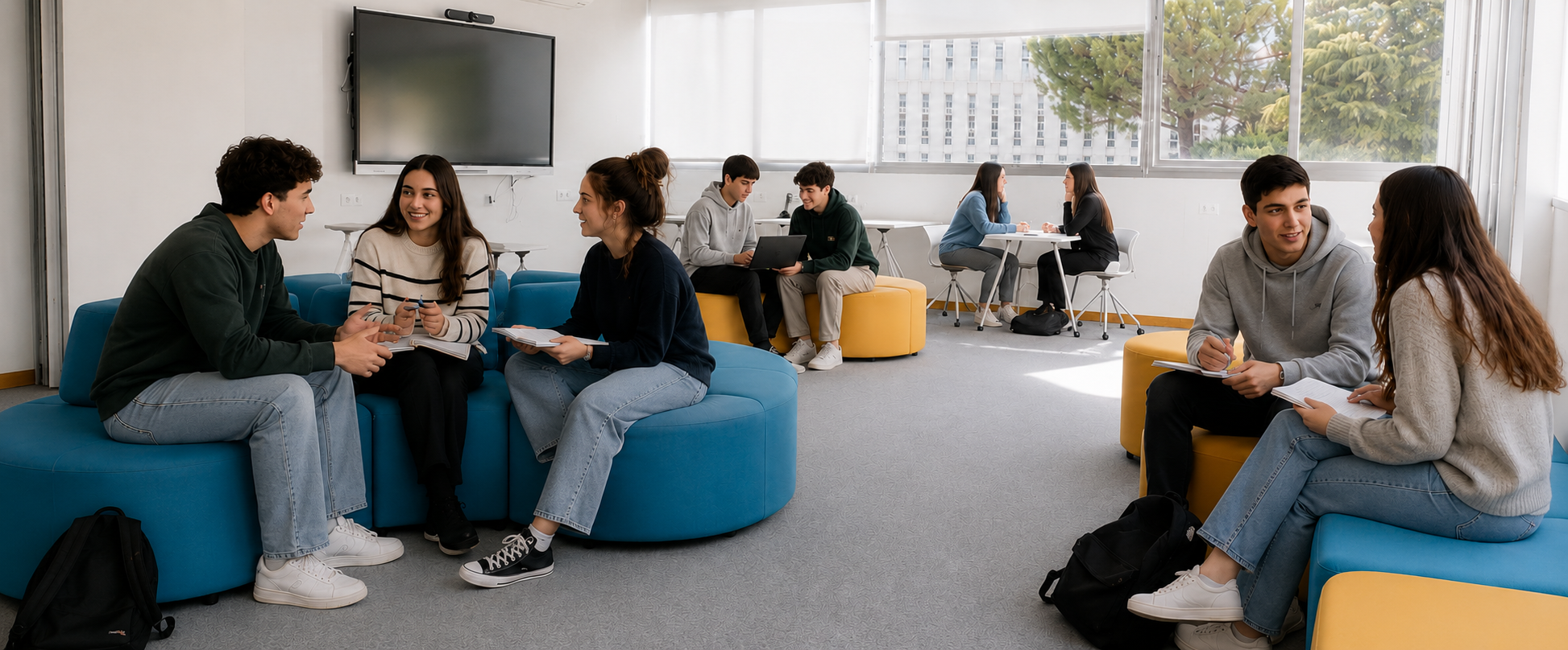 Estudiantes participan en actividades colaborativas y conversaciones en espacios comunes de aprendizaje, fomentando la interacción social y el trabajo en grupo, imagen representativa del Grado Superior de Integración Social a Distancia de la UFV.