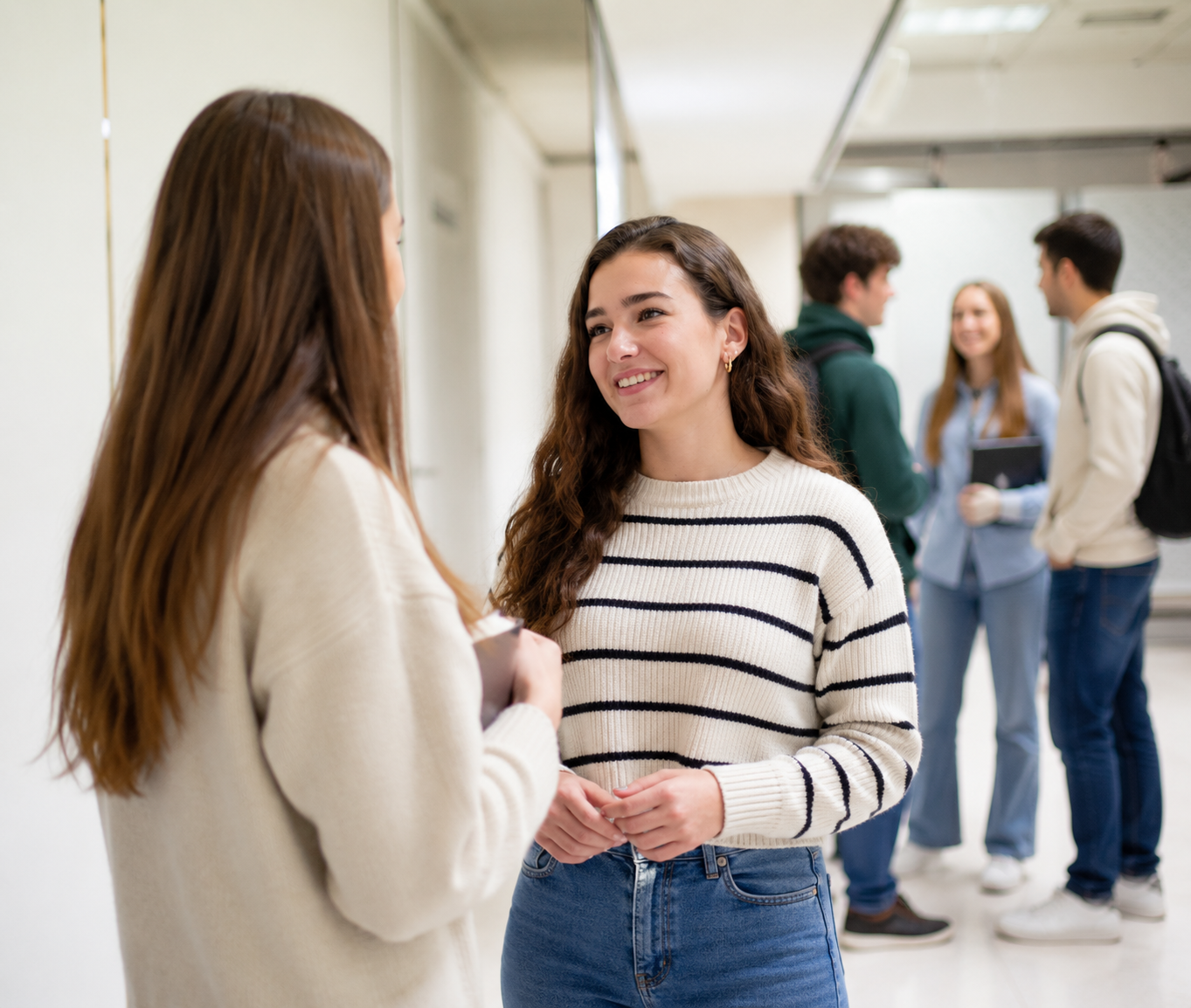 Estudiantes conversan y comparten experiencias en un entorno académico, fomentando la comunicación, la participación y las habilidades sociales, imagen representativa del Grado Superior de Integración Social a Distancia de la UFV.