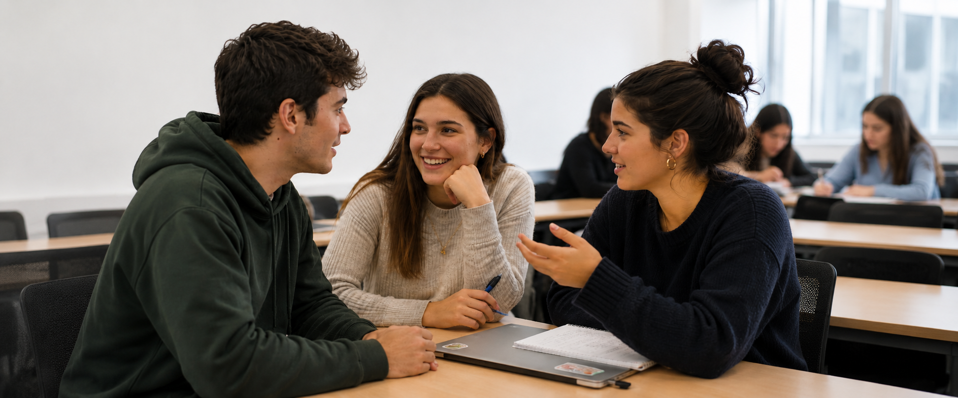 Estudiantes conversan y colaboran en una actividad académica dentro del aula, compartiendo ideas y trabajando en equipo, imagen representativa del Grado Superior de Marketing y Publicidad a Distancia de la UFV.