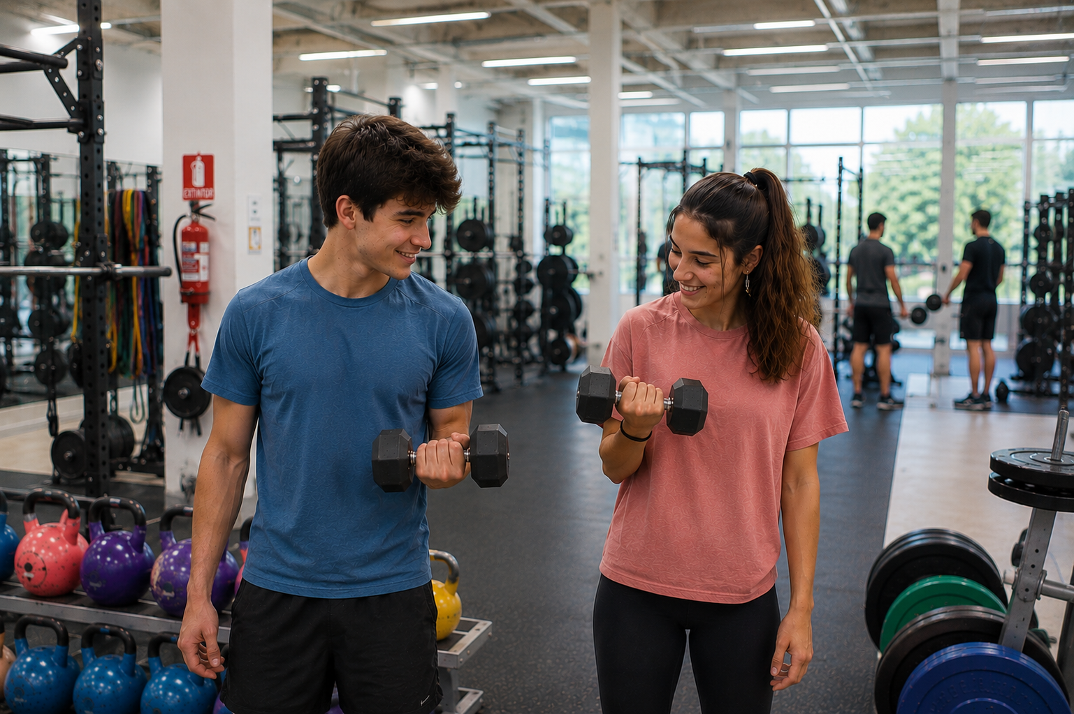 Dos estudiantes realizando ejercicios con mancuernas en una sala de entrenamiento equipada, imagen representativa del Grado Superior de Acondicionamiento Físico a Distancia de la UFV